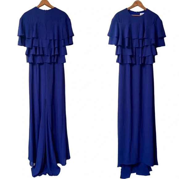 NWT Mikael Aghal Ruffled Crepe Gown 4 | Royal Blue Formal Evening Dress - Picture 3 of 14